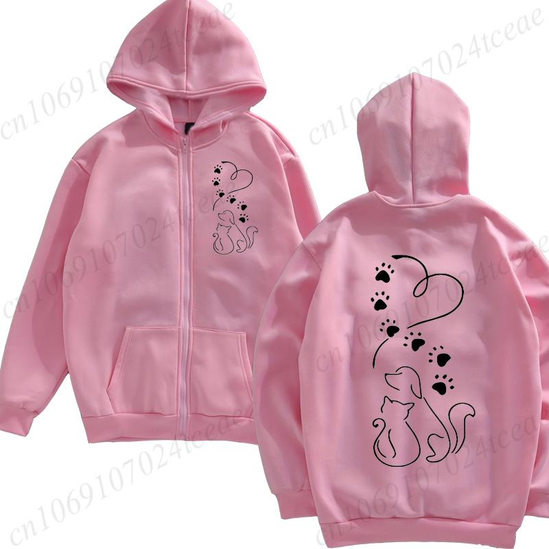 

Худи на молнии с графикой сердца любви собаки и кошки, модные женские осенние толстовки с длинным рукавом в стиле Харадзюку, женские куртки-свитшоты S