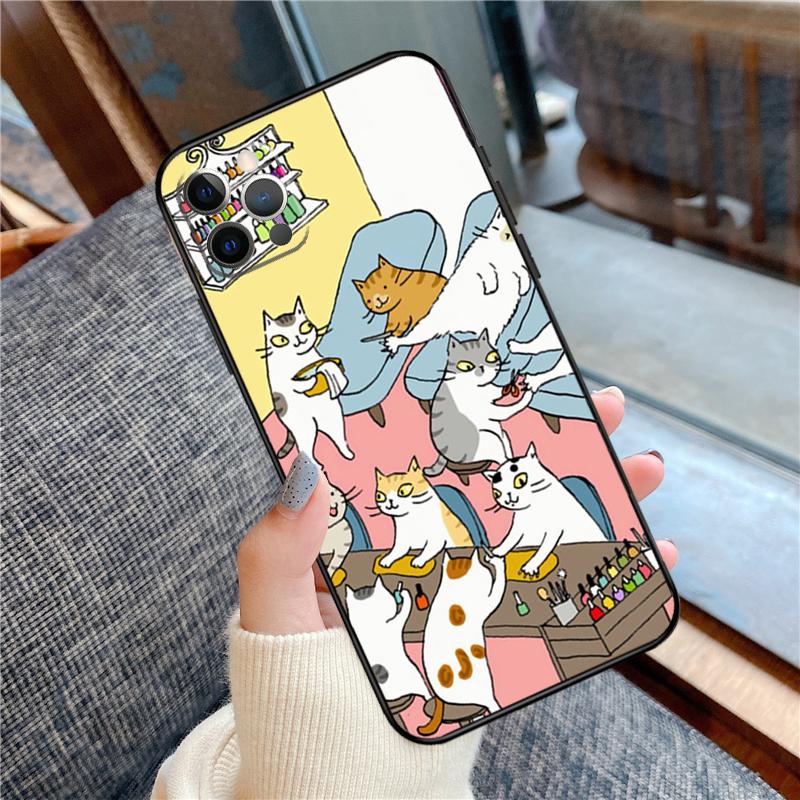 Japanese Cat Drink Pattern Case For iPhone 14 Plus 11 12 13 15 16 Pro Max Mini Plus XR X XS Max Back Cover