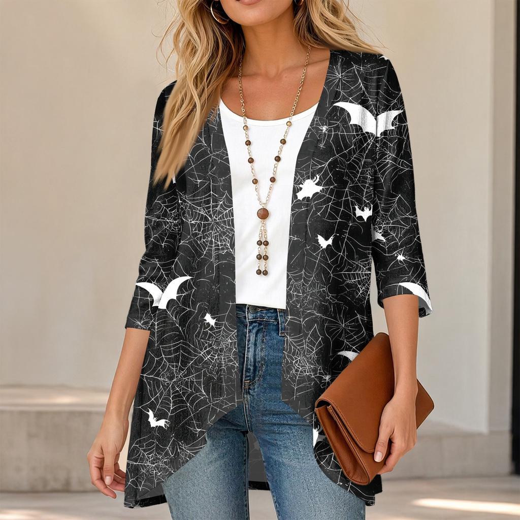 Cardigan décontracté léger ample à manches 3/4 imprimé pour femme pour Halloween