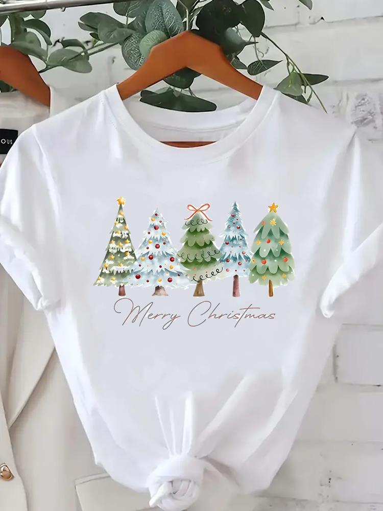 (Asian Size) leopard tree happy new year Tee merry Christmas festival O-neck Clothing Women's Top T Print Fashion ladies Graphic T-shirts
