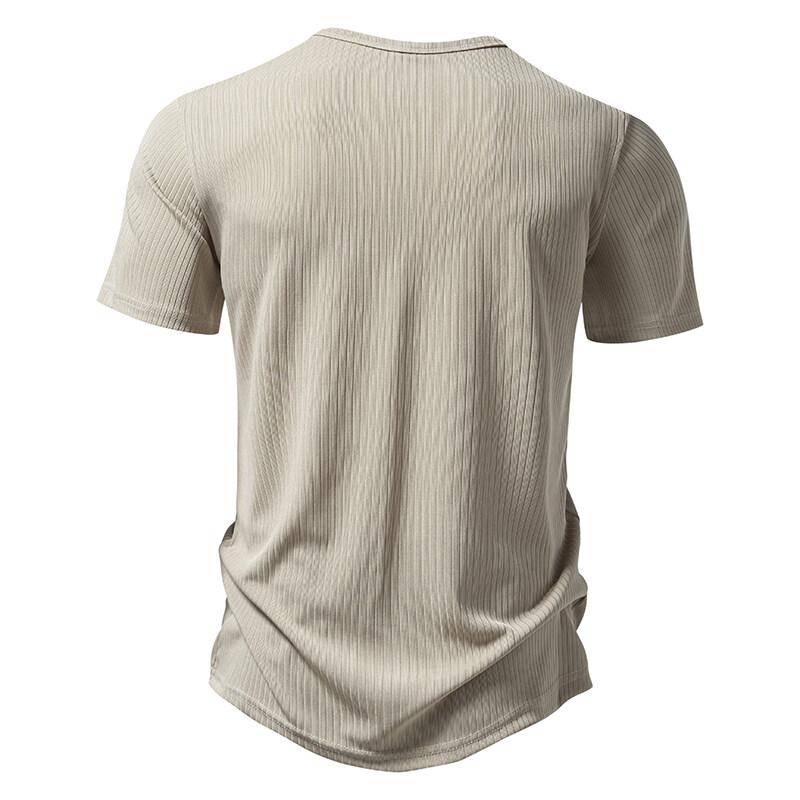 Summer European and American Casual Men's Short Sleeved T-shirt Button Henry Neck Pit Striped T Shirts Male Solid Color Top Tees