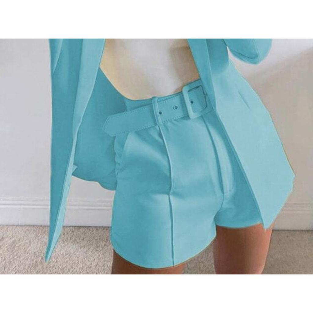 Women's Slim Fit Two Piece Suit Lapel Long Sleeve Blazer High Waist Belted Short Co-ord Outfit Set