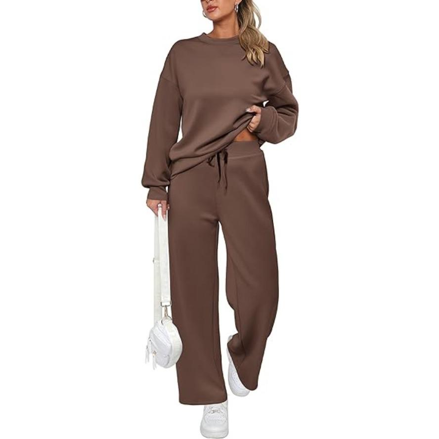 VEZFAA Damenmode Casual Frühling Herbst Einfarbig Druck Langarm O-Ausschnitt Hosen Hosen Anzüge