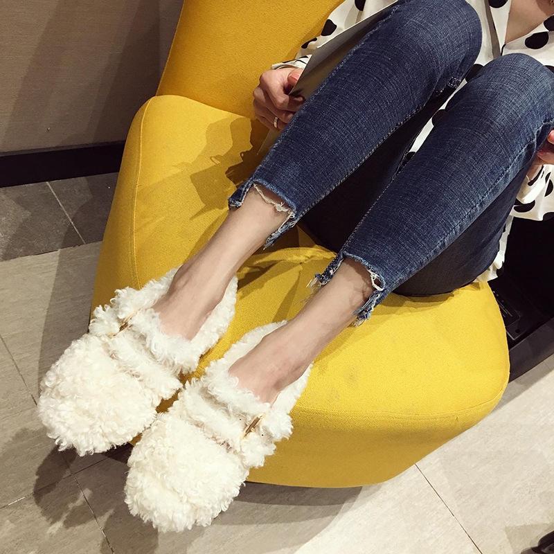 Fashion Celebrity Curly lamb wool flats woman metal buckle band furry mary janes ladies winter shoes plush loafers sheep fur moccasins