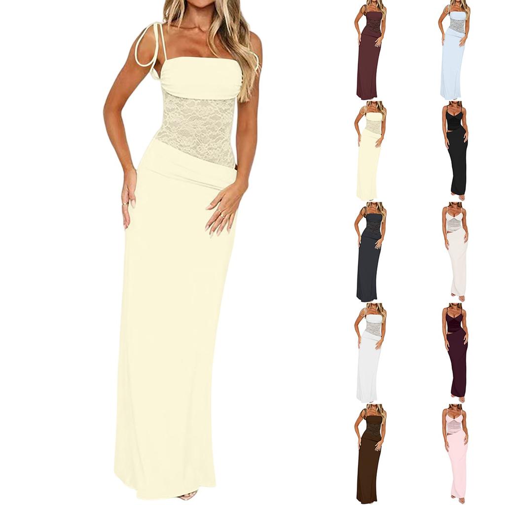 Ladies' Summer Elegant And Comfortable Dress Solid Color Lace Strap Tie Waist Fashion Dress