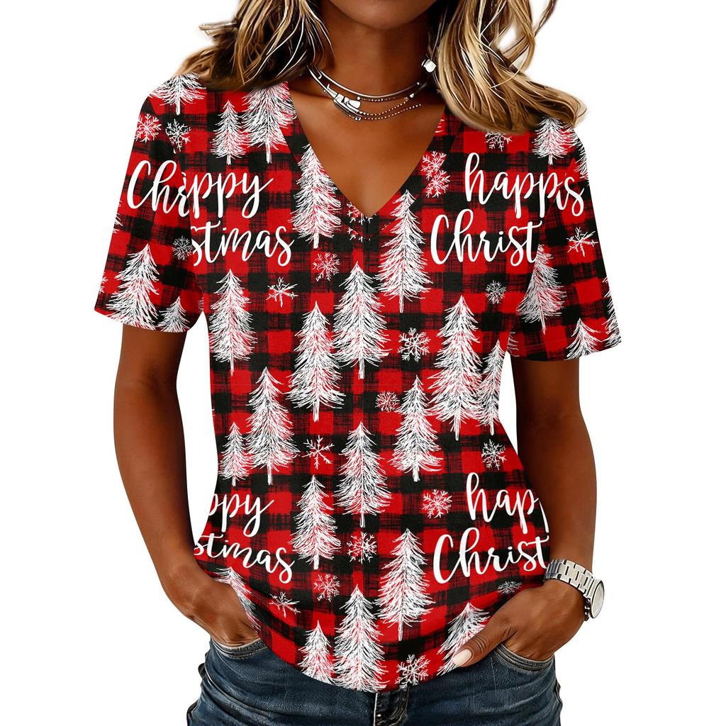 Women's Casual Short Sleeve V-Neck Christmas Print Pullover Top