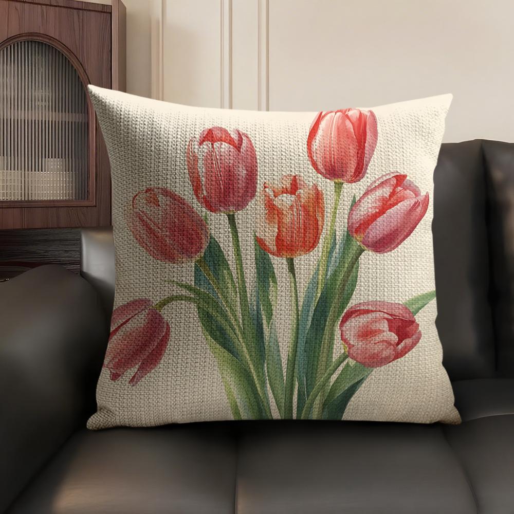 Watercolor Tulip Painting Cushion Cover Natural Linen Organic Fabric DoubleSided Printing Sofa Home Decor Gift Pillow Case