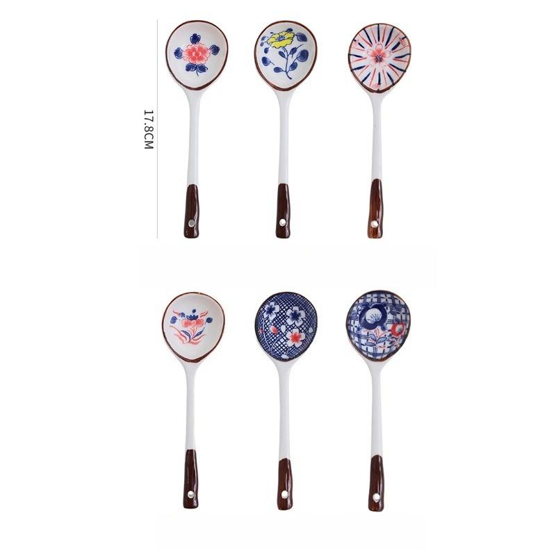 Japanese Style Long Handled Ceramic Spoon with High Aesthetic Value Hand-painted Underglaze Color Soup Spoon