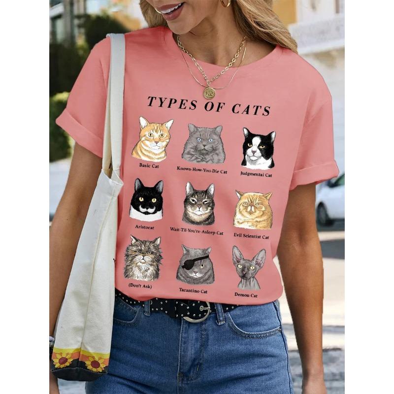 Letnie T-shirty damskie z okrągłym dekoltem i modnym nadrukiem 3D kota z krótkim rękawem