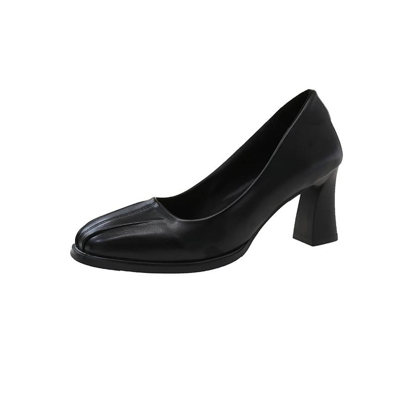 Classic Basic Women's Pump Leather Pleat Design  Spring Elegant Square Toe Chunky Heel Office Women's Dress Work Shoes