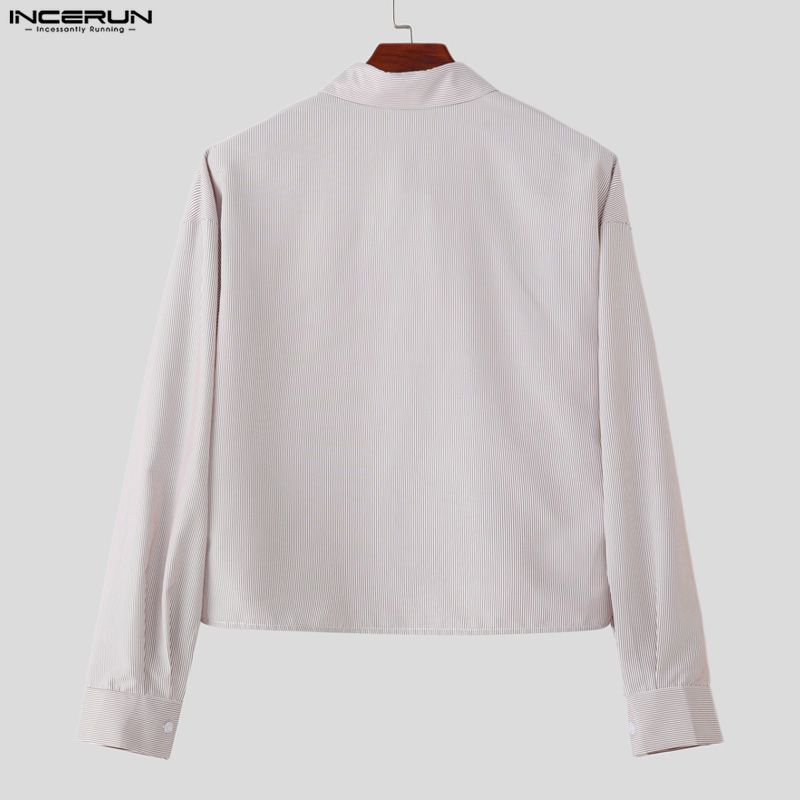 INCERUN Oversized Men Casual Loose Long Sleeve Striped Print Short Shirts Tops