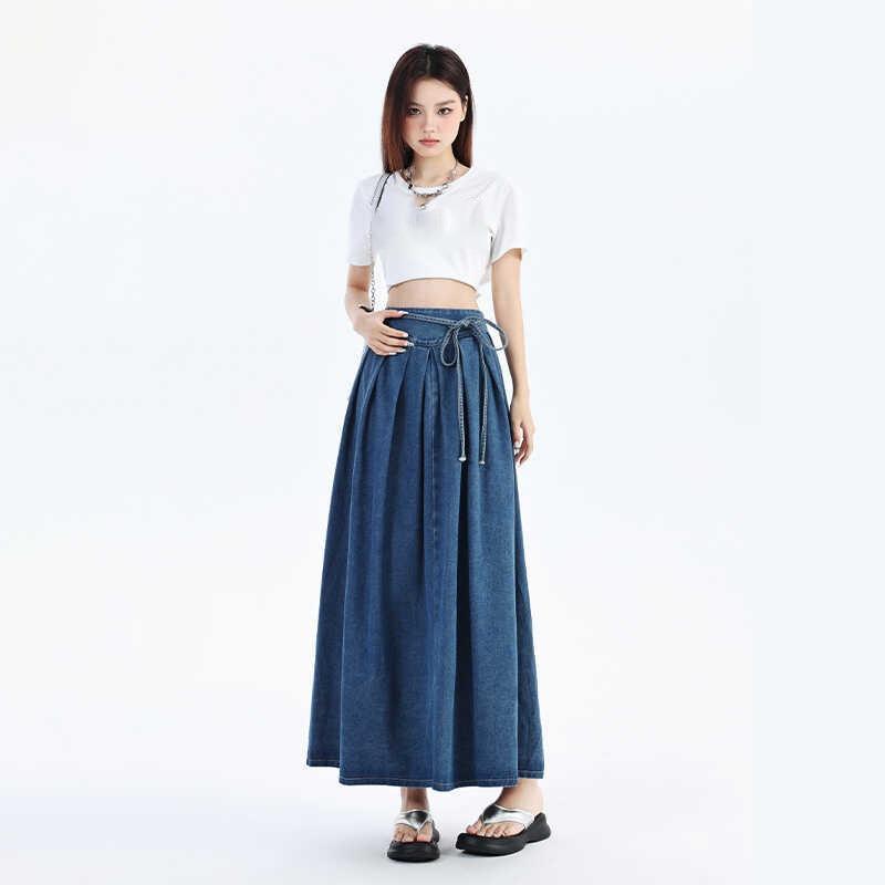 Lace Up Corset Midi Long Skirts Women Spring Summer Korea Style Vintage High Waist Jean Skirt A Line Ruffle Pleated Denim