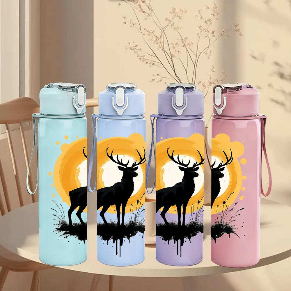 1PC Moon Elk Silhouette Pattern 750ml Color Plastic Sports Water Bottle Leakproof Flip Straw Lid Suitable for Sports Office Home Use
