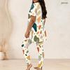 Women Plus Size Geometric Printed Round Neck Short Sleeve Long Top Fitted Pants Two Piece Set