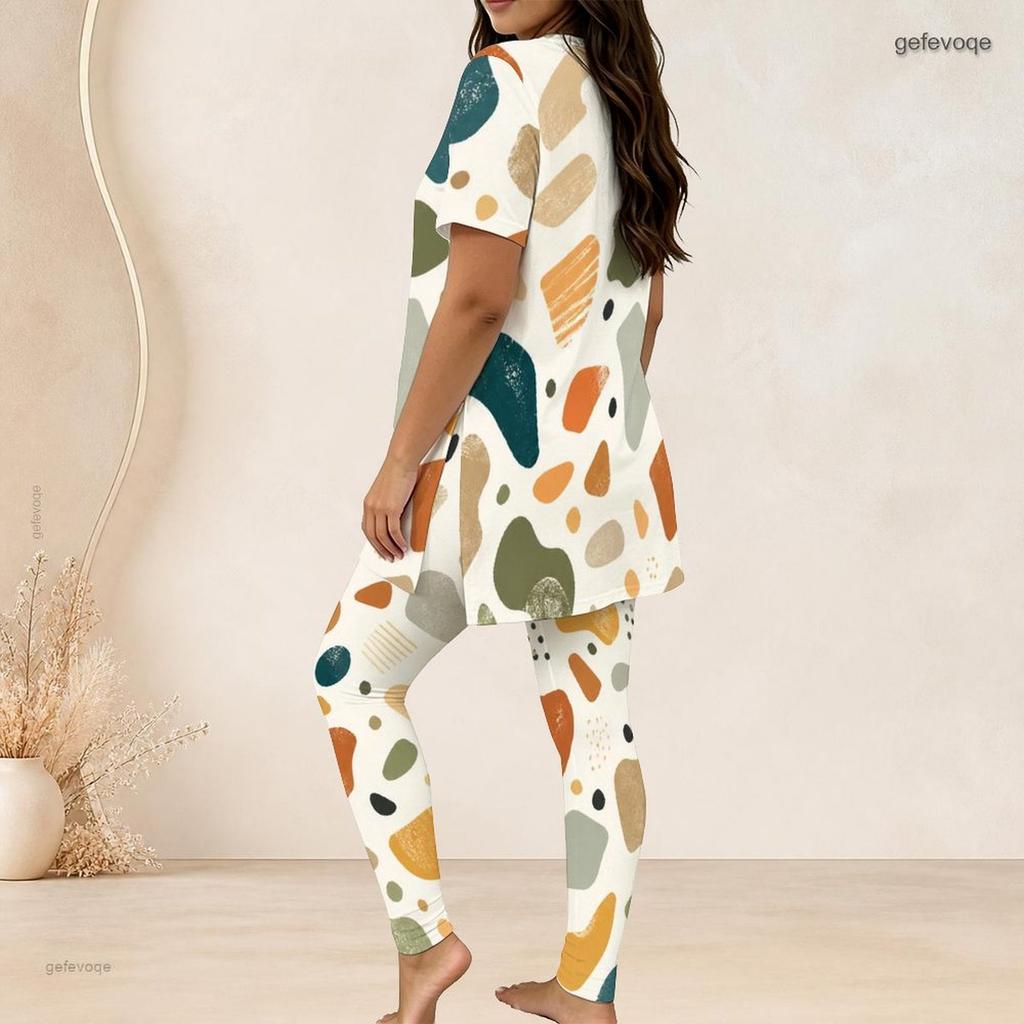 Women Plus Size Geometric Printed Round Neck Short Sleeve Long Top Fitted Pants Two Piece Set