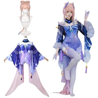 Sangonomiya Kokomi Cosplay Kostüm mit Perücke Genshin Impact Cosplay Outfit für Erwachsene Perfekt für Kostüm-Kultur- und Bühnenauftritte Kokomi mit