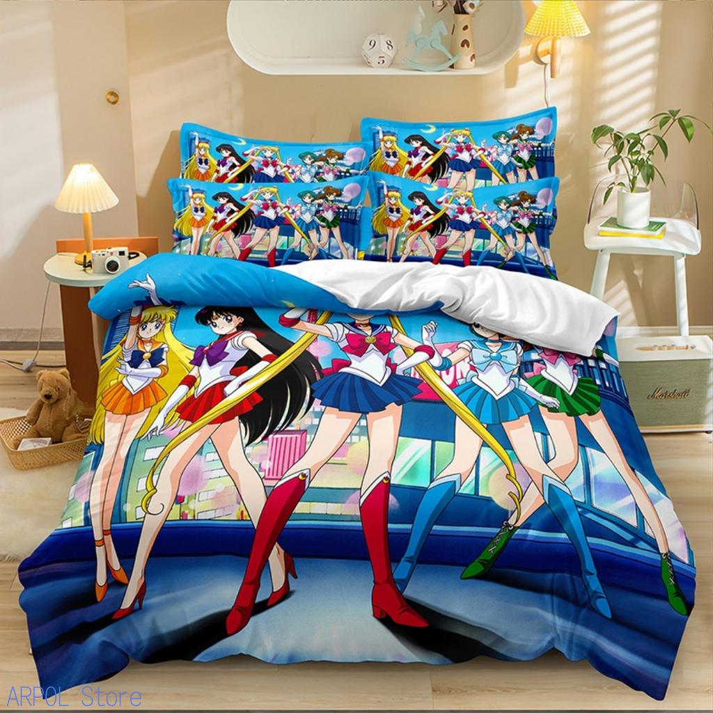Kawaii Sailor Moons Bedding Set For Girls 3D Pattern Pretty Girl Duvet Cover Pink Comforter Twin Duvet Cover Set With Pillowcase