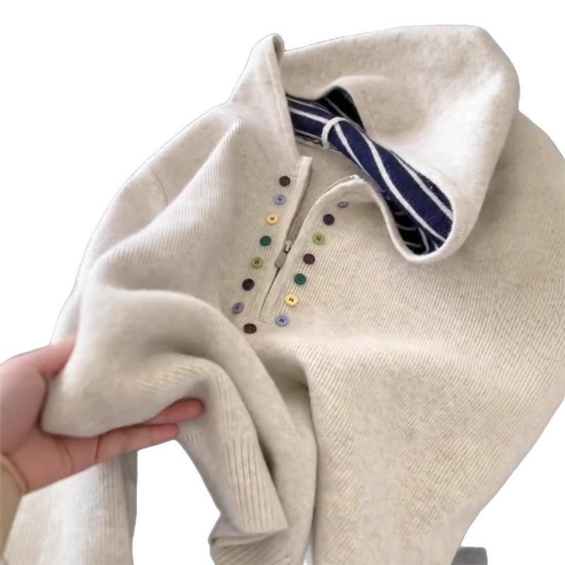 Korean Style Lazy Style Colorful Button Half Zip Hooded Sweatshirt for Women Autumn and Winter New Design Versatile Knitted Sweater