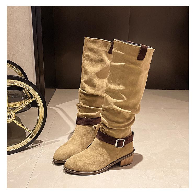 Große Größen 36~ 43 Mode dünne Stiefel Damen 2024 Herbst und Winter neue Gürtelschnalle dicker Absatz Damenstiefel