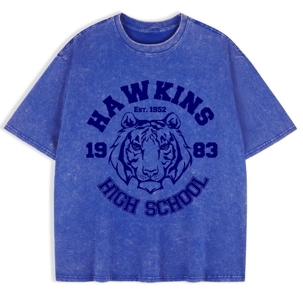 Hawkins High School Prints Washed T-Shirts Mens Cotton Short Sleeve Tops Summer O-Neck Oversize T Shirt Basic Clothes