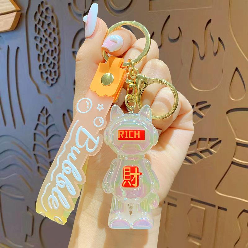 Creative Cartoon Acrylic Crystal Luminous Lucky Cat Keychain Couple Cute Schoolbag Pendant Small Gift opp bag packaging