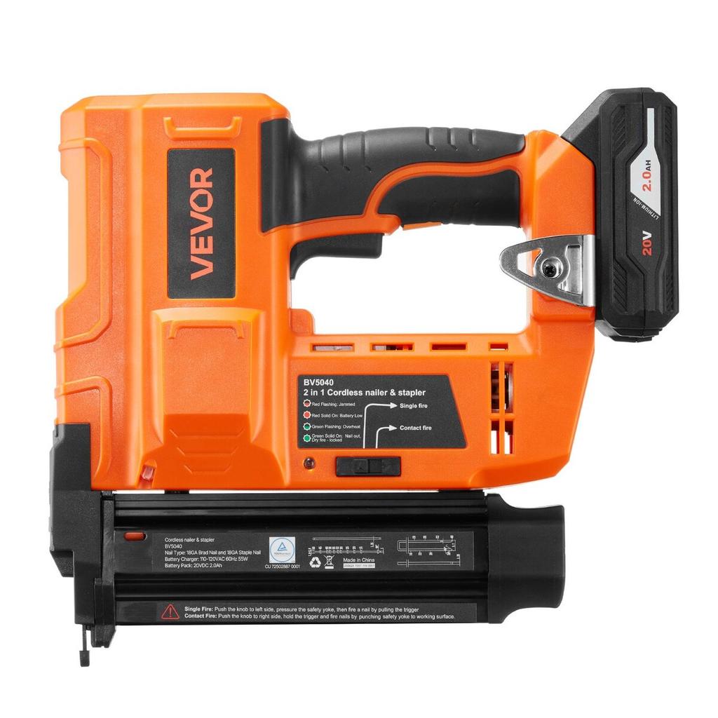 2-in-1 Cordless Brad Nailer, 18 Gauge, 20V Battery Powered Nail Gun and Staple Gun, with 500 pcs Nails, 500 pcs Staples, 2 x 2.0 Ah Li-ion Batteries,