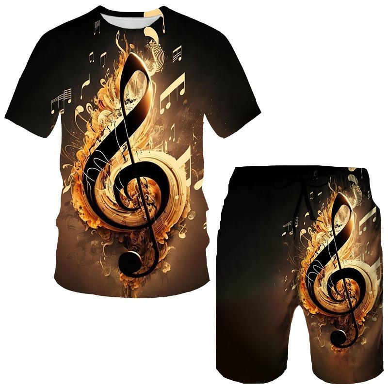 Men's Summer Leisure Set Piano Theme Print T-Shirt & Shorts Breathable Casual Outfit for Holiday/Beach