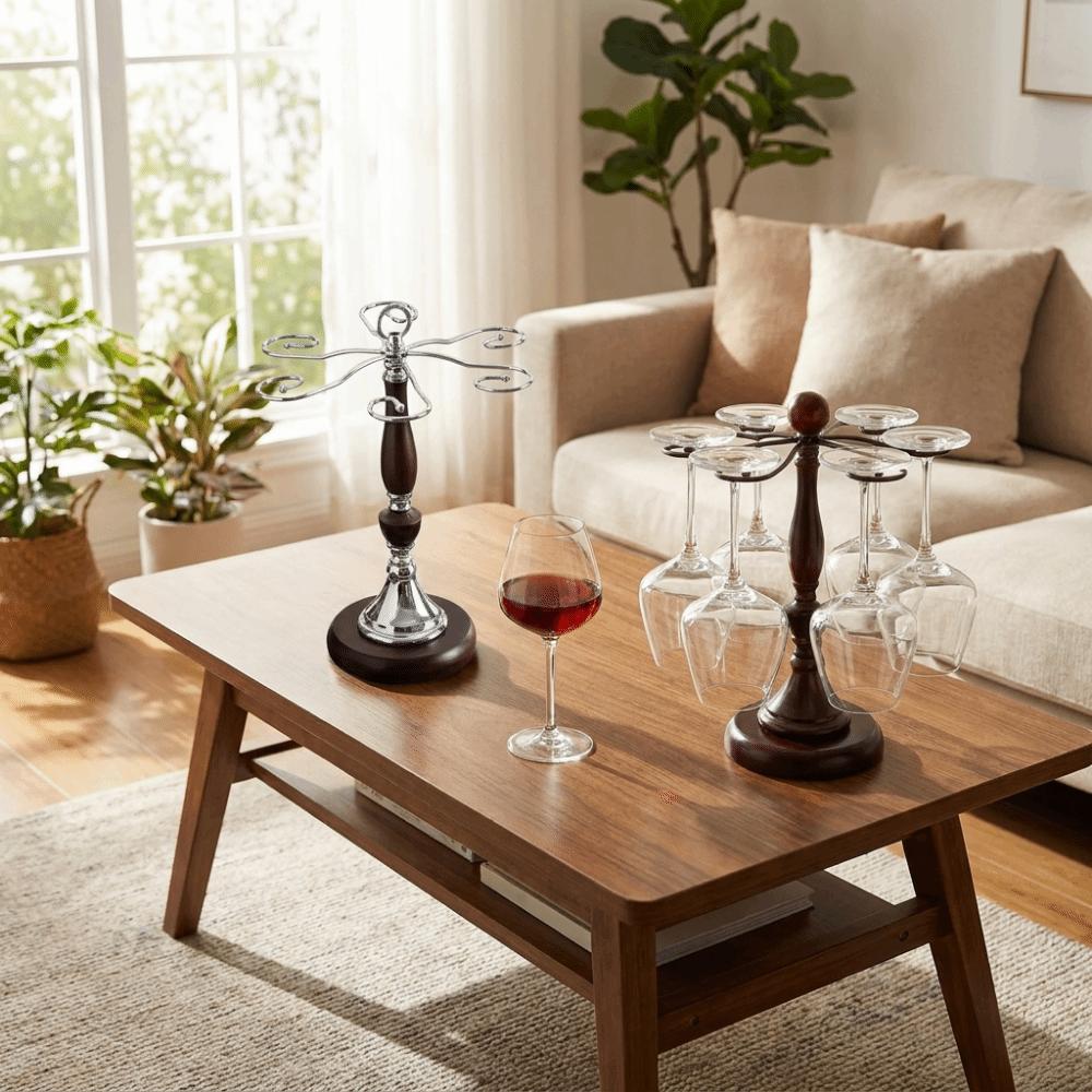 Freestanding 6 Bottles Wine Glass Rack Wooden High-Stem Glass Holder Bar Accessory