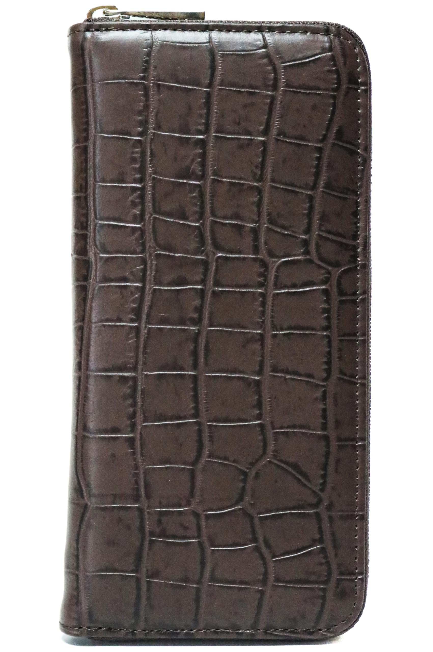 

Brown crocodile-embossed wallet for men and women, made from a single piece of genuine alligator leather. Features include a round zipper closure,