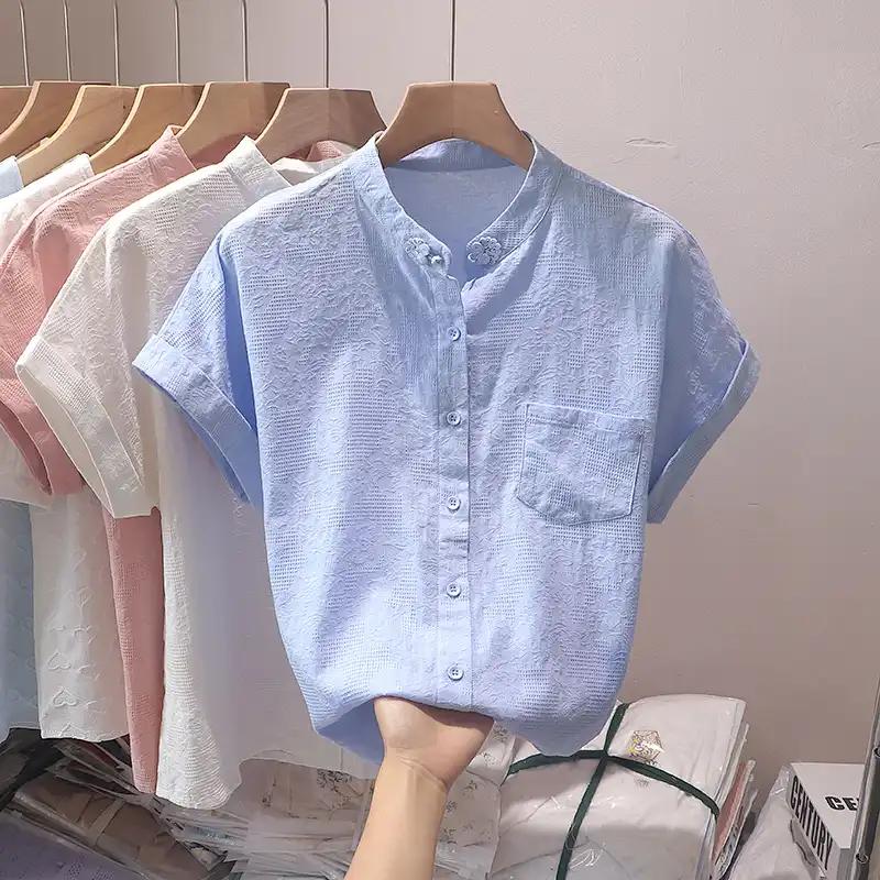 Women's Pink Mandarin Collar Blouse Short Sleeve Casual Loose Fit Button-Down Shirt with Pocket