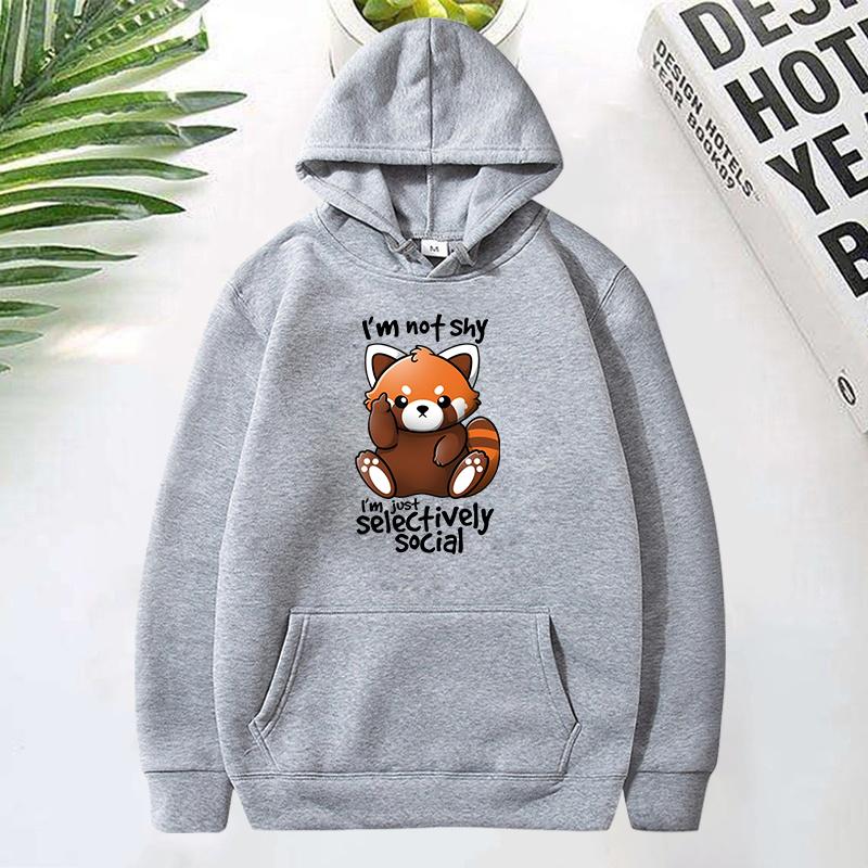(Premium Hoodies)Panda I'M Not Shy I'M Just Selectively Social Printed Hoodies Women Fleece Long Sleeves Funny Pullover