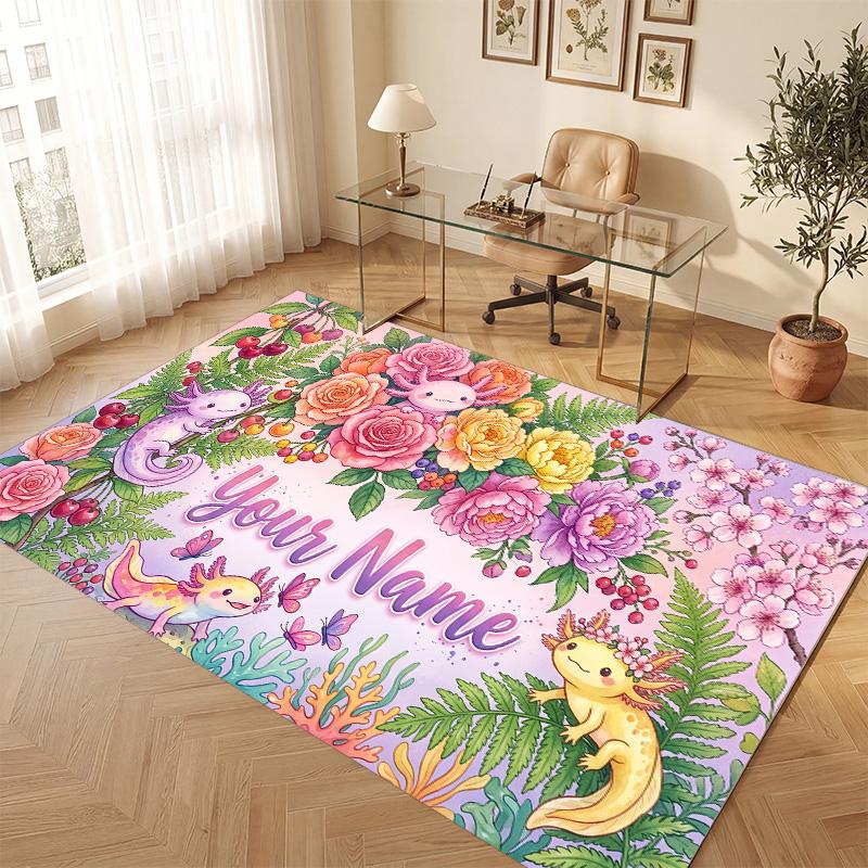 Floral Garden Theme Soft Crystal Velvet Rug Custom Name & Text Print Non Slip Floor Rug for Bedroom Living Room