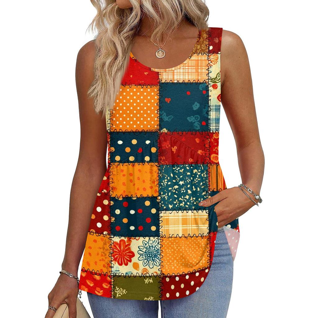 Square Collar Tank Top Women Print Tank Tee Casual Loose Fit Sleeveless Shirt