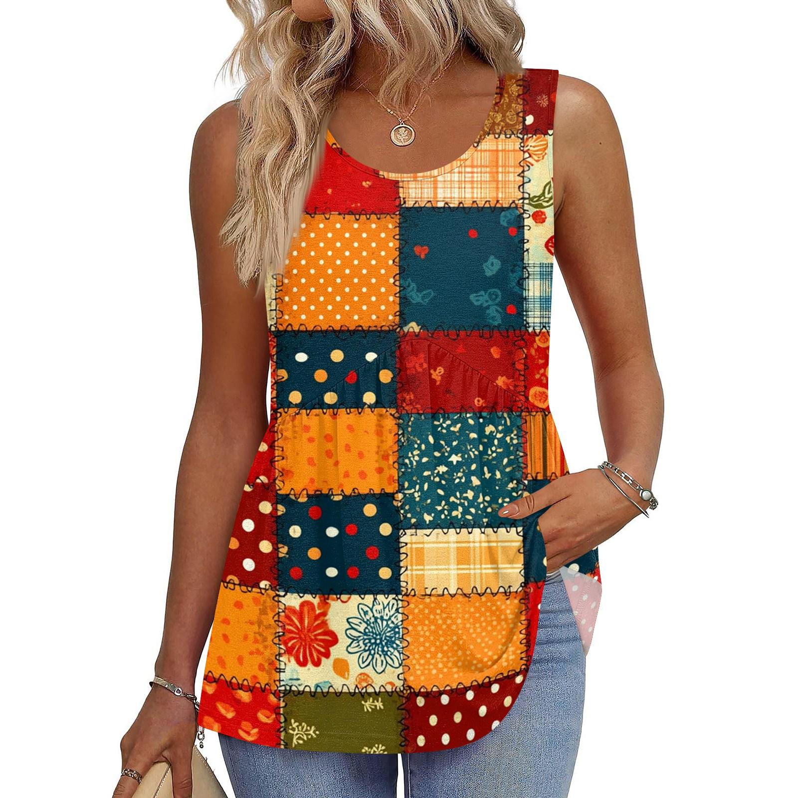 

Women’s Sleeveless Patchwork Tank Top Casual Loose Fit Printed Blouse with Round Neck for Daily Wear XXL оранжевый