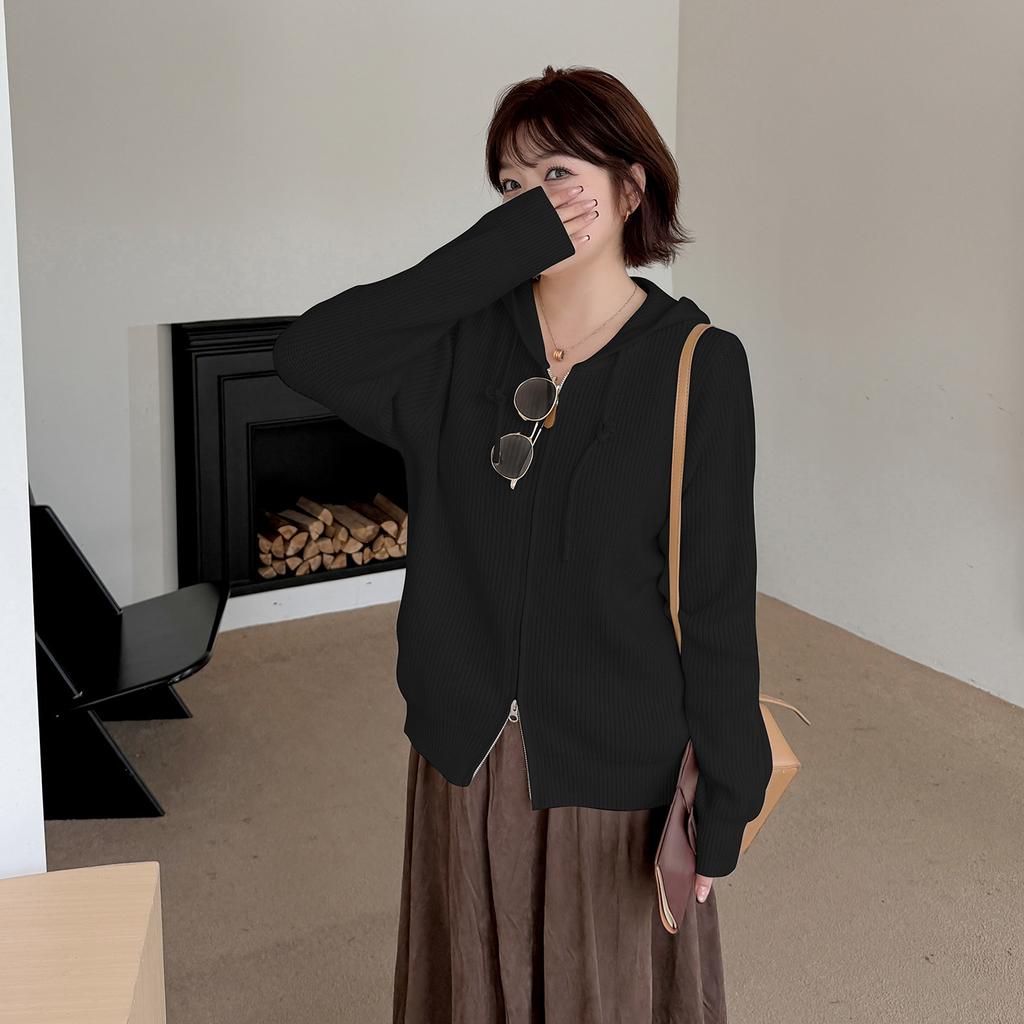 Large Size Women's Hooded Sweater Cardigan Autumn and Winter New Lazy Wind Loose Knitted Top 343338