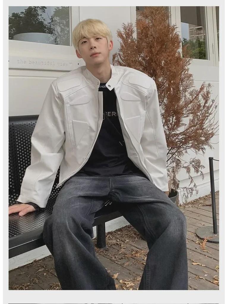 2024 Retro White Leather Motorcycle Jacket with Shoulder Pads - Unisex Street Style
