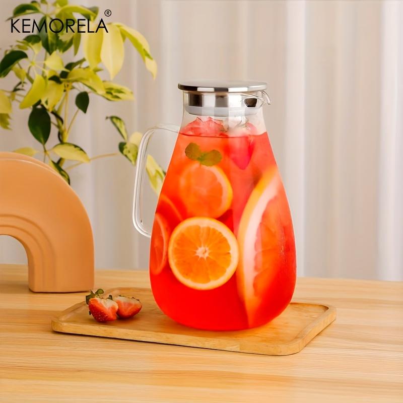 2L Glass Pitcher with Lid - Sturdy Handle & Base For Iced Tea Coffee Juice & Homemade Drinks Hot/Cold Resistant Dishwasher Safe