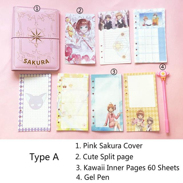 Cute Pink Sakura Anime Loose-Leaf Diary Notebook Colorful Pages Spiral 6 Holes Binder Notebook Journals Planner Stationery Set Quality