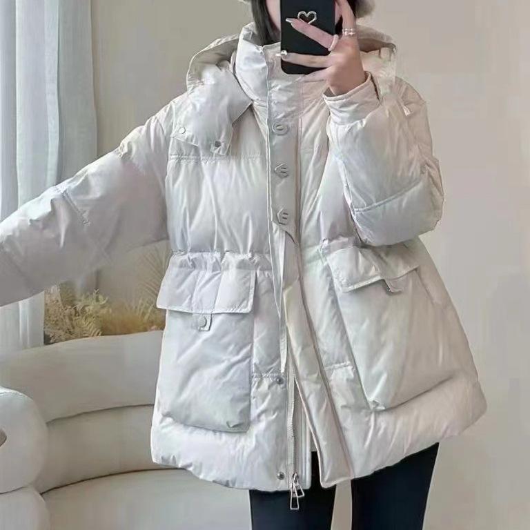 2024 new down jacket women's medium and long hooded thickened white duck down winter fashion loose coat