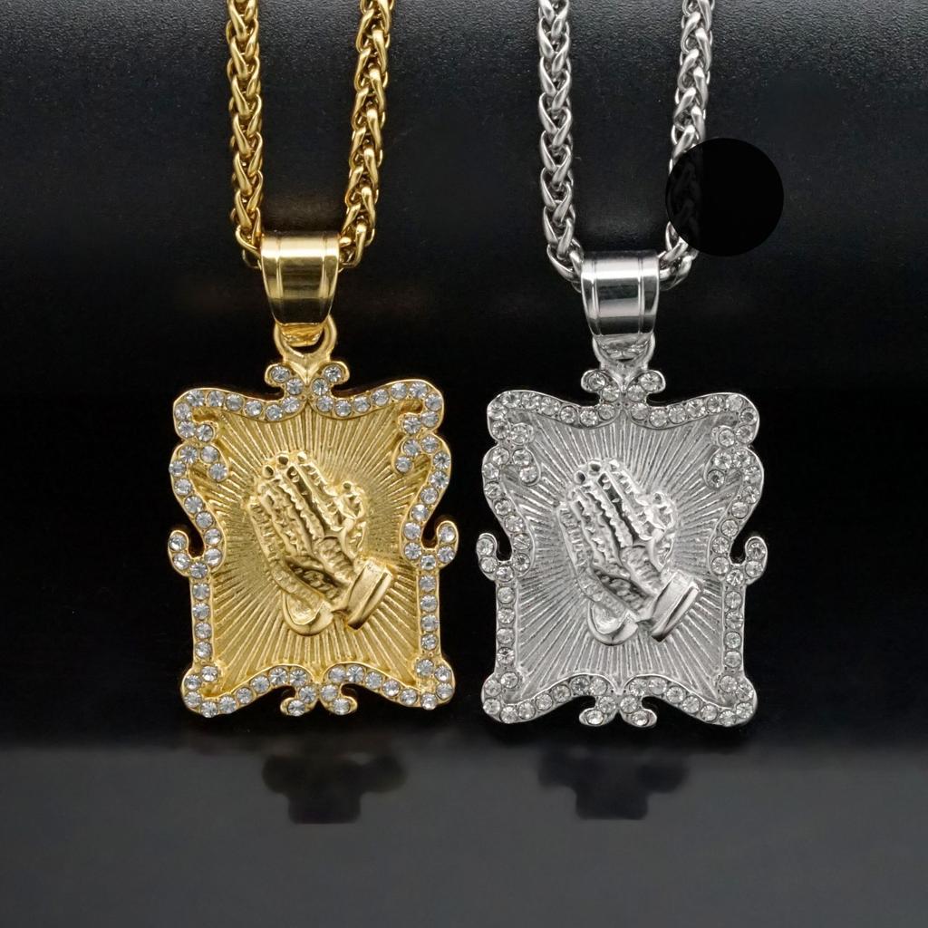 New Trendy Praying Hands Pendant with Rhinestone Men's Necklace Fashion Religious Amulet Pendant Accessories Party Jewelry