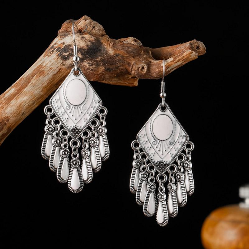 White Enamel Peacock Water Drop Feather Earrings for Women Ethnic Elegant Long Crystal Rhinestone Earring Boho Vintage Jewelry