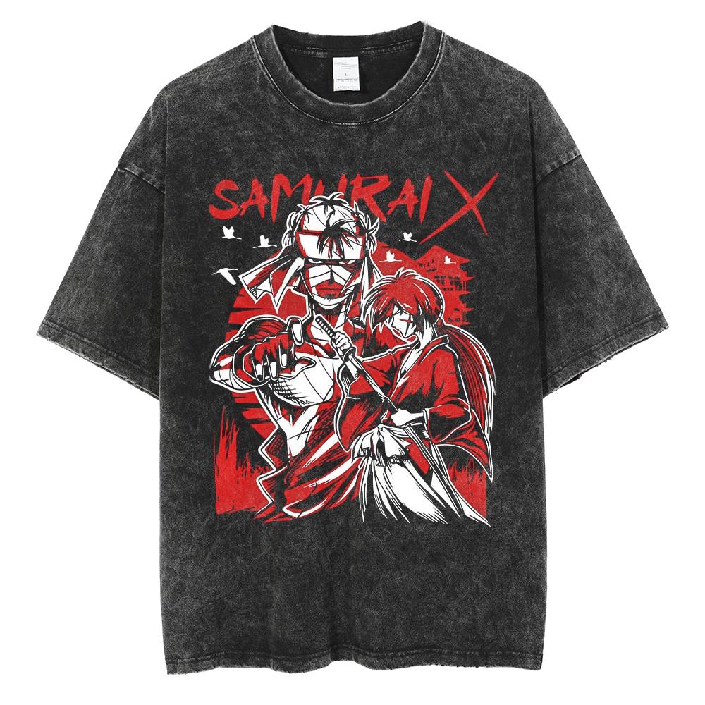 Harajuku Anime Rurouni Kenshin Himura Kenshin Print Tshirt Men Manga Oversized Tshirts Washed Cotton Tee Male Casual T Shirt