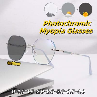 Photochromic Frameless Ultra Light Myopia Glasses Diamond-cut Rimmed HD Anti Blue Light Eyewear Comfortable