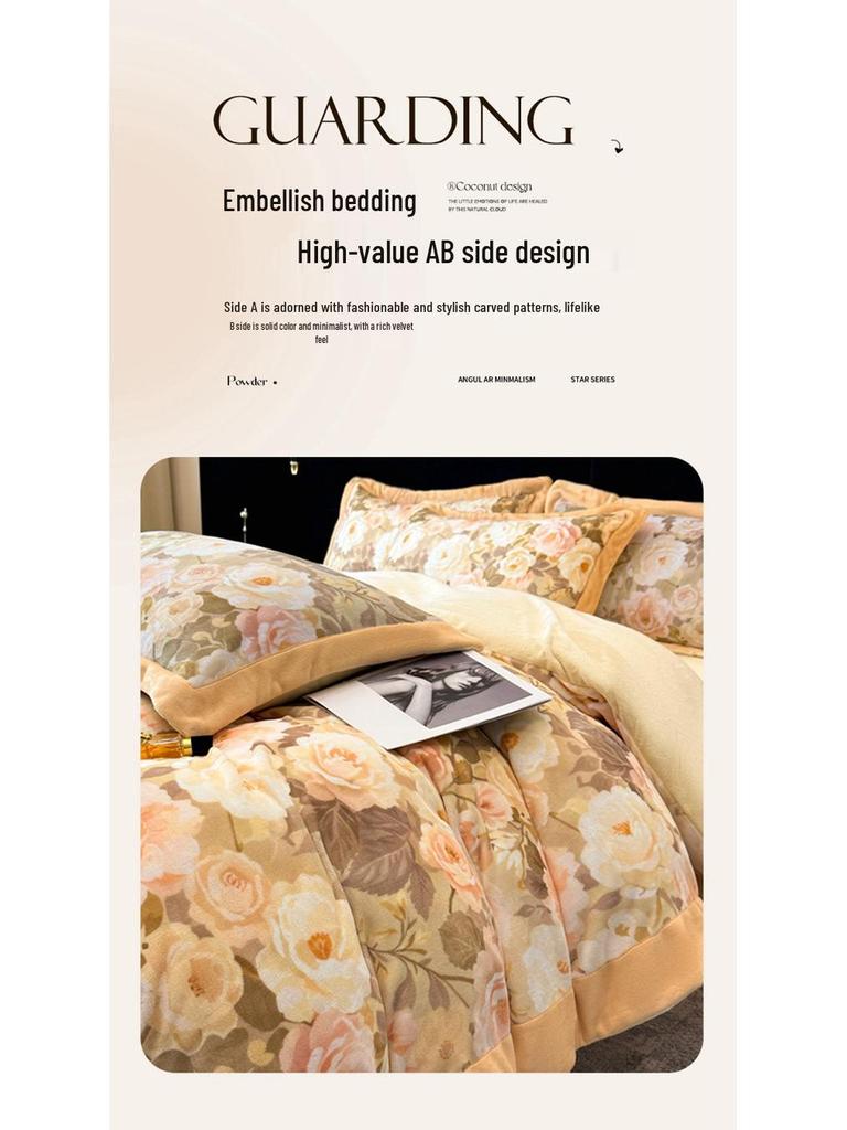 Cozy Winter Milk Velvet 4-Piece Fleece Bedding Set: Double-Sided Printed Duvet Cover