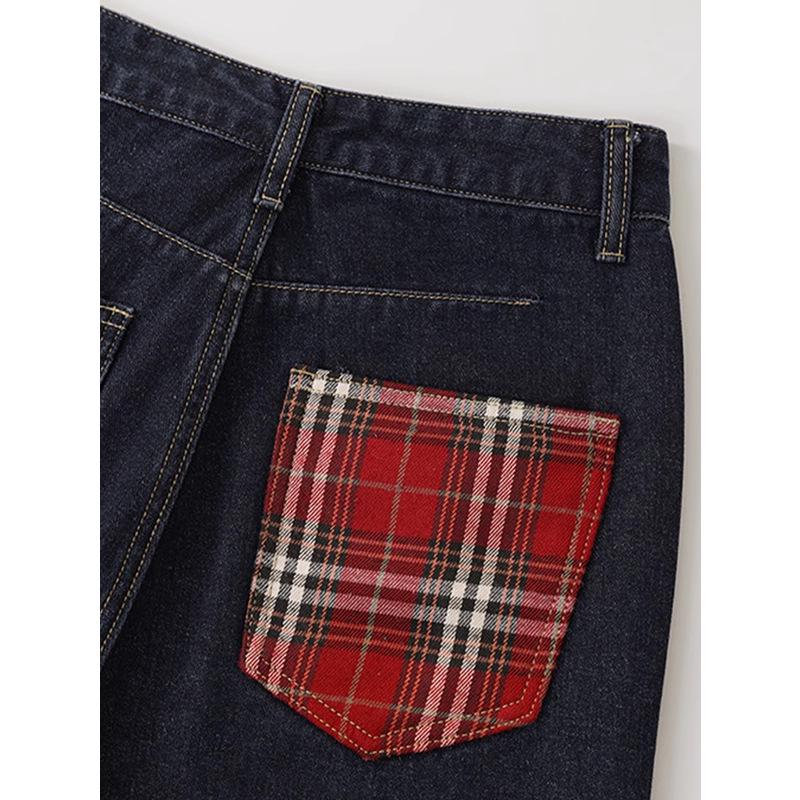 Women's Retro Plaid Patchwork Wide-Leg Jeans - High Street Trend, Loose Fit