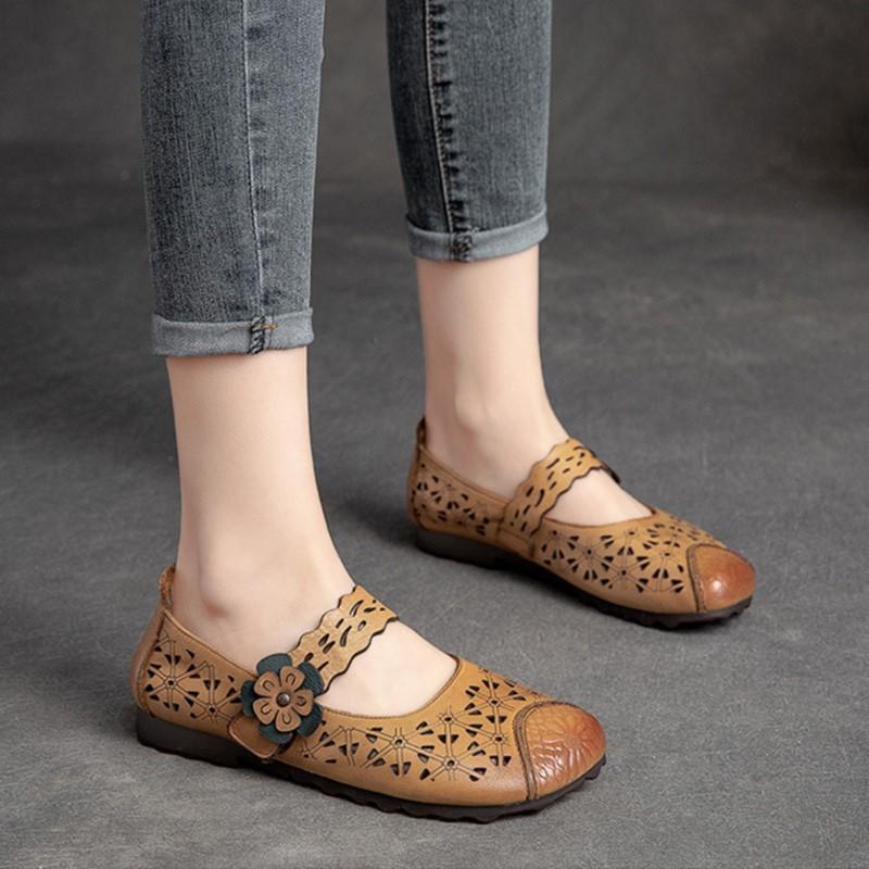 Johnature Sandali piatti con suola cava in vera pelle, retrò, versatili, scarpe da donna con suola morbida