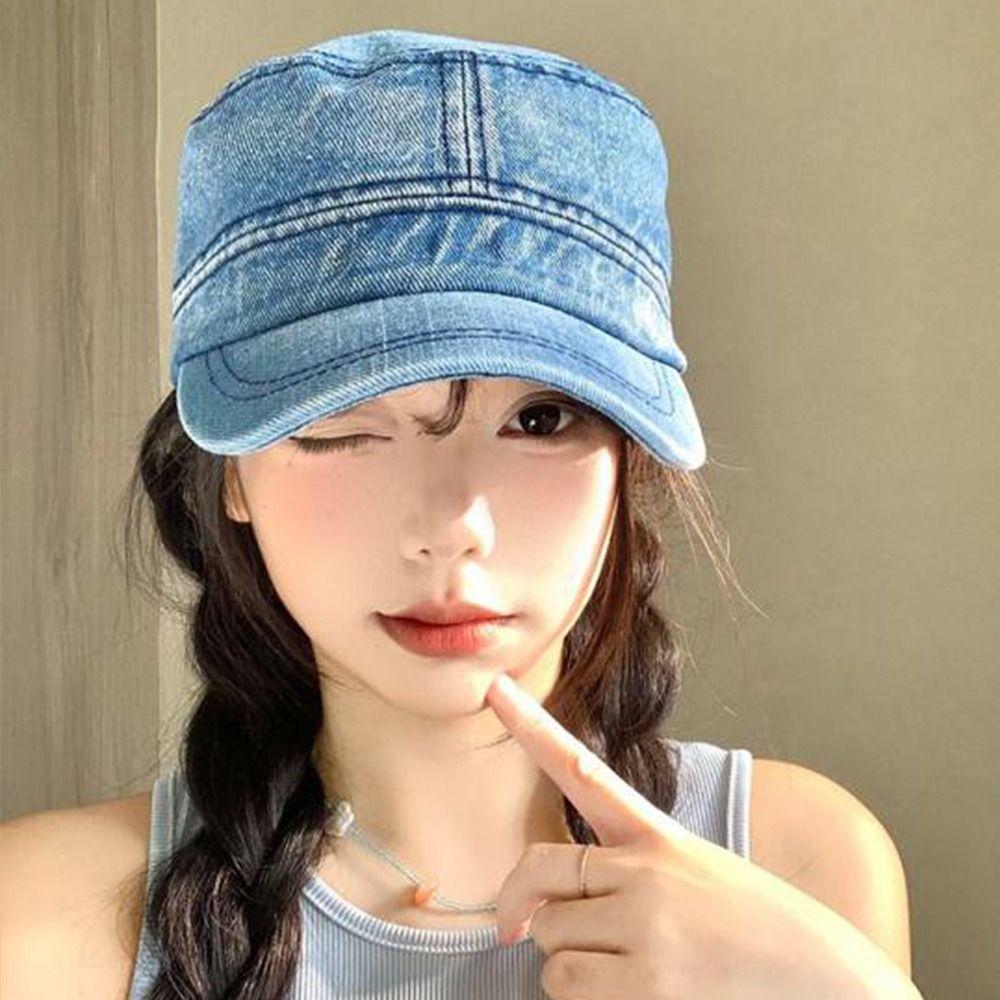 Demin Peaked Cap Flat Top Cadet Cap Korean Baseball Hat  Men Women