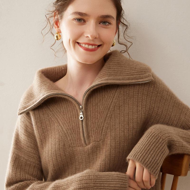 Women's High Neck Pure Cashmere Sweater, Half Zip, Loose Fit, Thickened Knit for Autumn/Winter Fashion.