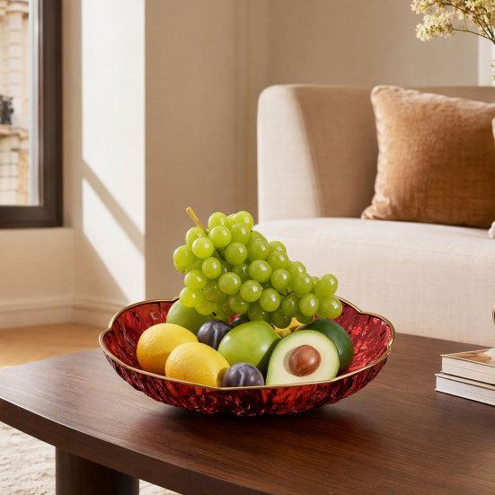 Plastic Fruit Bowl with Gold Trim, Clear Fruit Basket, Modern Decorative Serving Bowl for Kitchen Counter, Dining Room, Coffee Table
