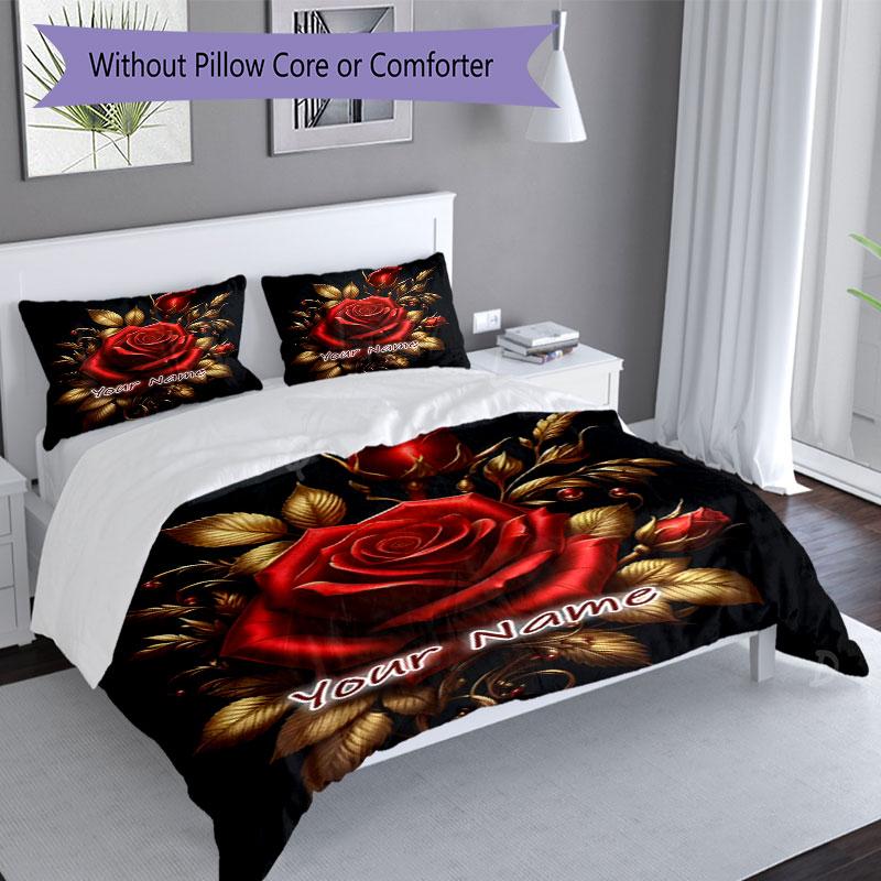 3PC Custom Name Roses Elegance Bedding Set Printed Bedding Set Duvet Cover Closure Includes 1 Duvet Cover & 2 Pillowcases for All Seasons Bedroom